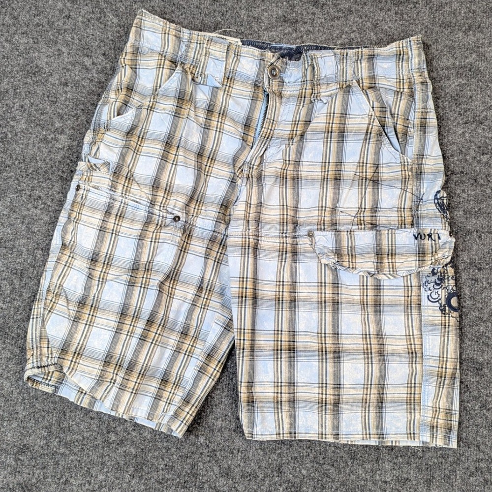 Vurt Mens Plaid Cargo Shorts Blue Tan Graphic W32 Streetwear Utility